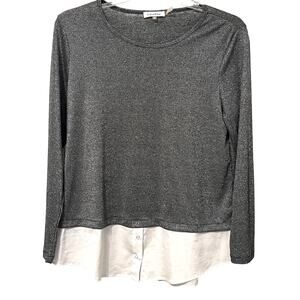 CALVIN KLEIN LONG SLEEVE ROUND NECK BLOUSE, WOMENS, L, SILVER TOP, WHITE BOTTOM